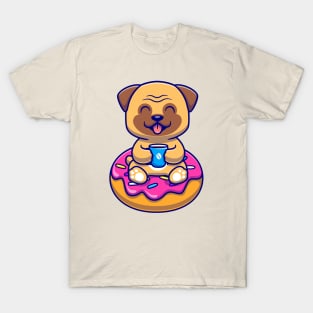 Cute Pug Dog With Coffee And Doughnut Cartoon T-Shirt